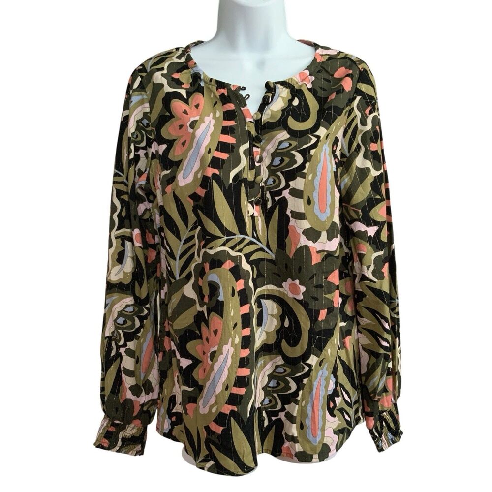 Belle Boho Kim Gravel Autumn Tapestry Smocked Sleeve Blouse Black Olive XS New